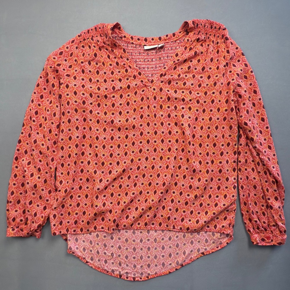 Hinge Womens Top Blouse Long Sleeve Coral Geometric Smocked V‎ Neck Casual